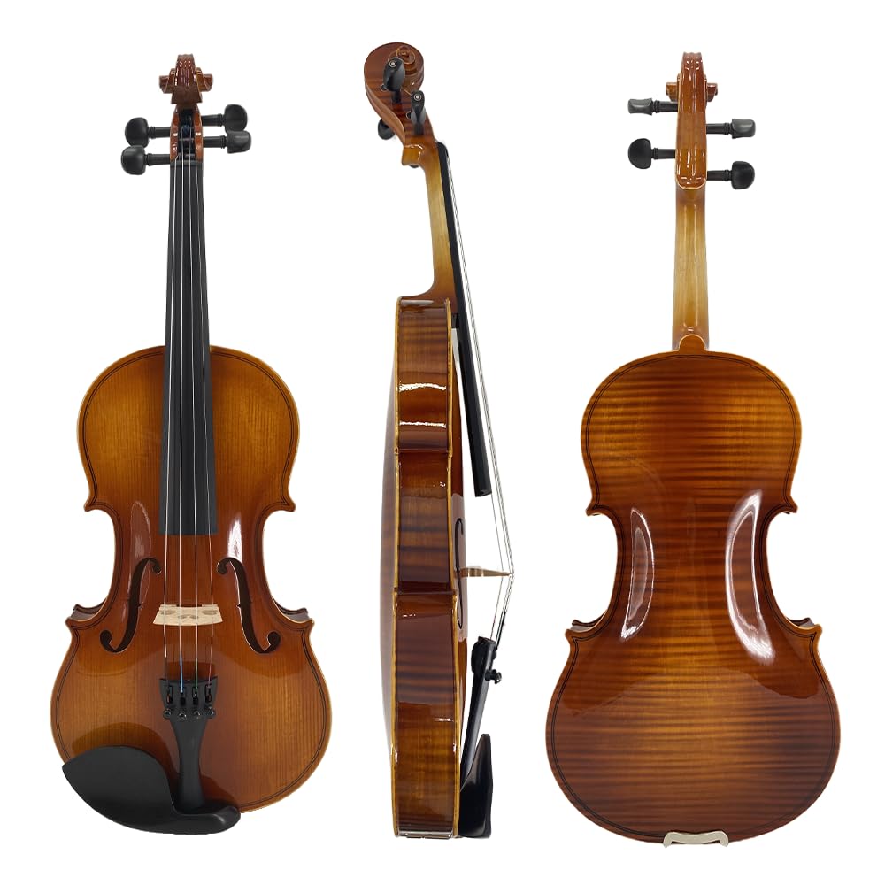 Juego de violín acústico 4/4 para principiantes, juego de violín de madera contrachapada de tamaño completo, color marrón mate con funda rígida y lazo esencial para principiantes (brillante)