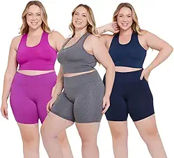 Kit 3 Conjuntos Plus Size Feminino, Academia, Short Cintura Alta e Top Nadador, Suplex