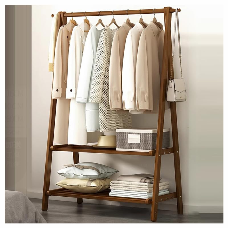 Wooden Clothes Rail Stand - Open Wardrobe with 2-Tier Lower Storage Shelf - Clothes Rail - Small Clothe Rack - for Bedroom Home Indoor Office - 116x40x160cm - B - Walnut