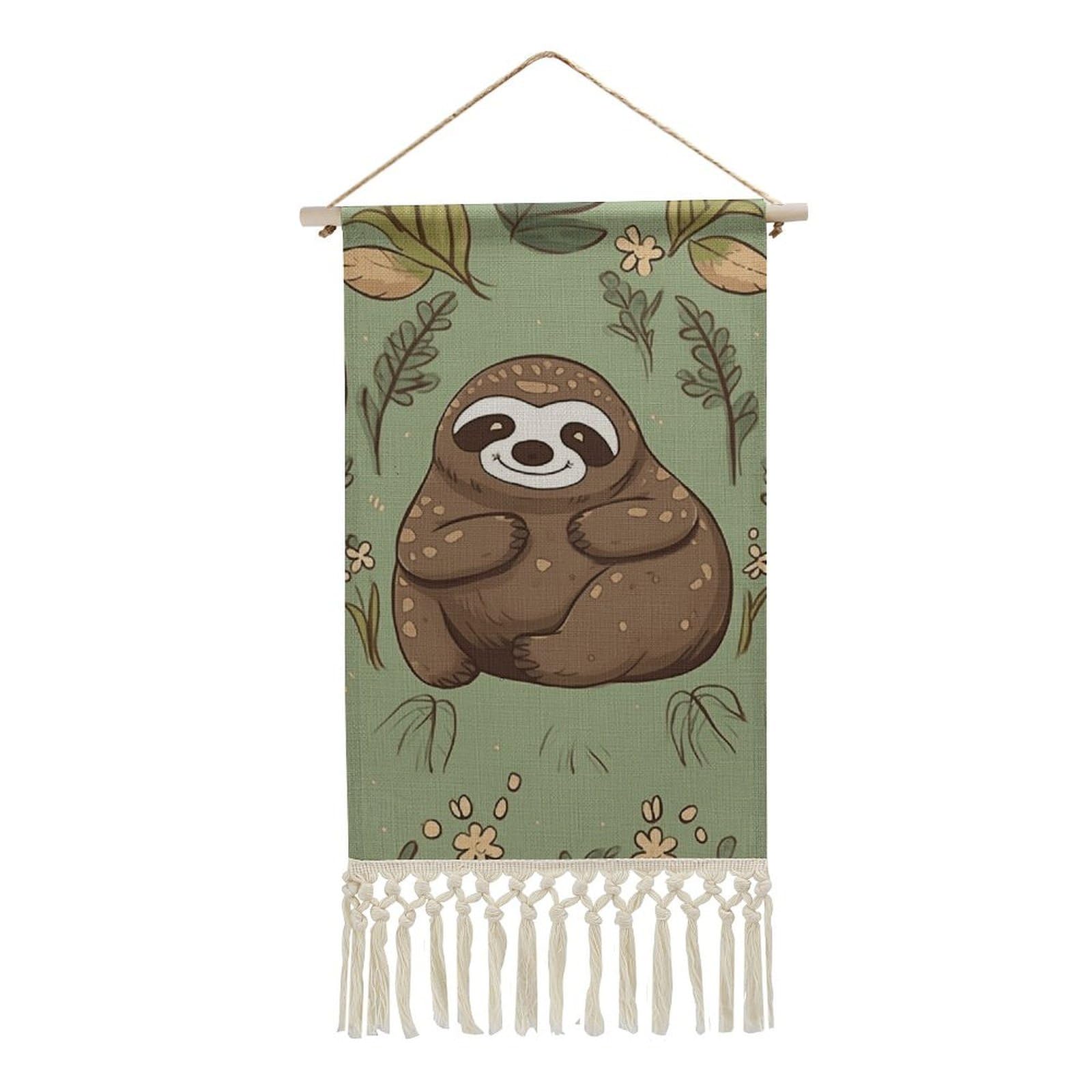 BTCOWZRV Cotton And Linen Hanging Poster with Tassels, Sloth on The Grass Wall Hanging Tapestry Vintage Wall Art Painting Modern Artwork Decoration for Home Decor Ready to Hang 10x19.6 in