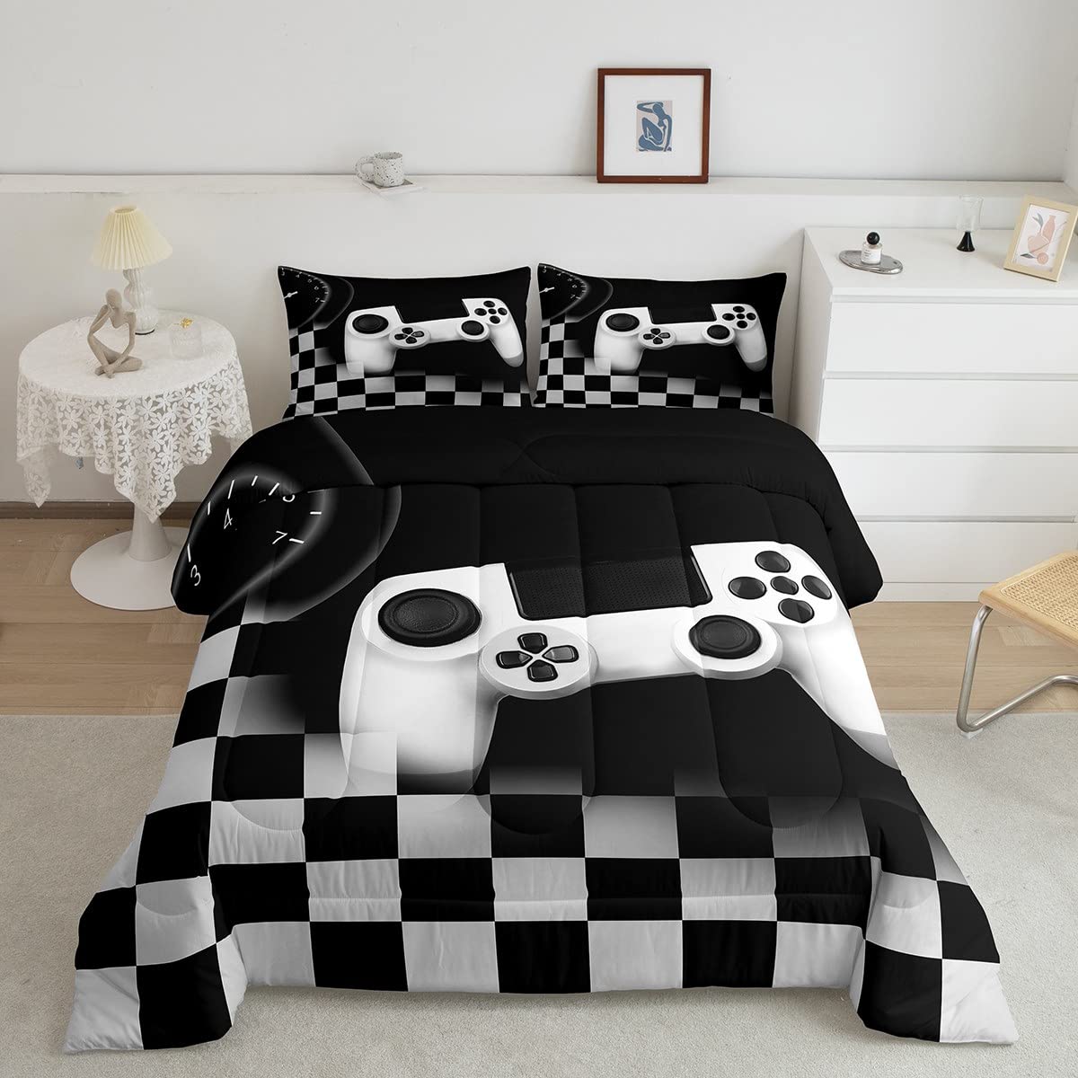 Erosebridal Gamer Comforter Set Twin,Gaming Bedding Set for Kids Teens Room Decor,Black and Grey Buffalo Plaid Reversible Bedding Set All Season Cozy,Novelty Gamepad Pattern Down Comforter 2pcs