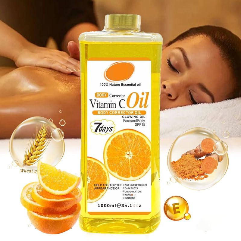 Vitamin C Body Oil, 1000ml Tumeric Body Oil, Retinol Vitamin C 7days, Vit C Body Corrector Oil for Uneven Skin Tone (1000ML VC)