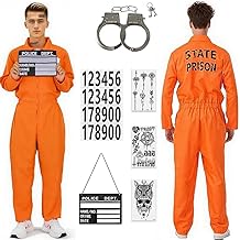 Orange Prison Costume for Men, Prisoner Jumpsuit for Halloween, Prisoner Suit for Women Orange Prison Costume with Name Plate and Handcuffs for Cosplay Carnival Halloween