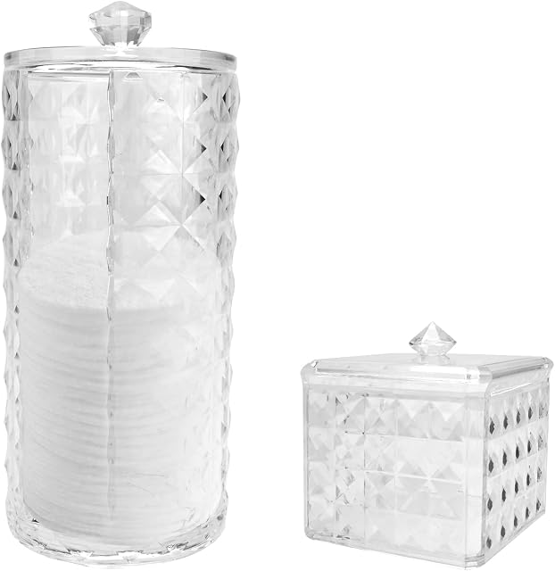 TSLBW 2Pcs Acrylic Cotton Pads Holder Makeup Pads Container Organizer Plastic Bathroom Jar Cosmetics Storage Box Cotton Ball and Swab Holder with lid for Cotton Balls,Swabs,Q-Tips,Cotton Pad