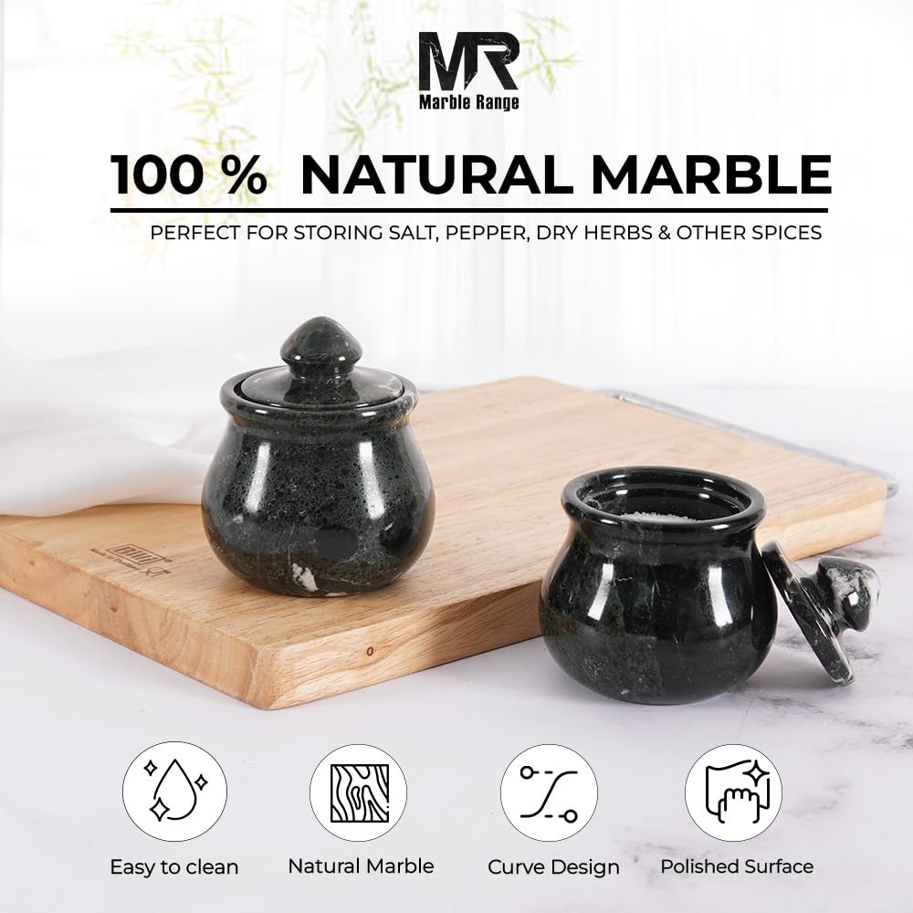 Salero de mármol con tapa de 3.5 pulgadas, color negro, hecho a mano, juego de 2, cuenco decorativo para sal y pimienta para encimera de cocina, especias, azúcar, hierbas y almacenamiento de