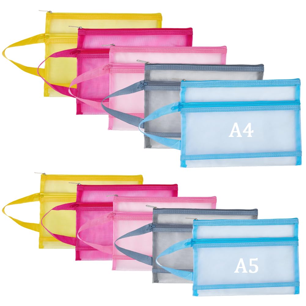 CRASPIRE 10 pz 2 Misure Sacchetti in Rete con Cerniera Nylon Colorato A Doppio Strato Borsa Portatile Organizer per Documenti Chiaramente Visibile Custodia Portaoggetti con Manico per Scuola Ufficio