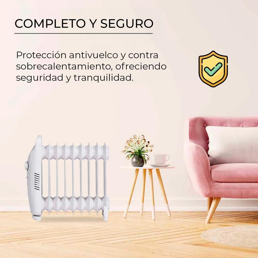 YOEVU | Radiador de aceite | 1000W, 9 elementos, blanco, 42x13x42cm | Protección contra sobrecalentamiento, diseño compacto, eficiencia energética | Calefacción portátil