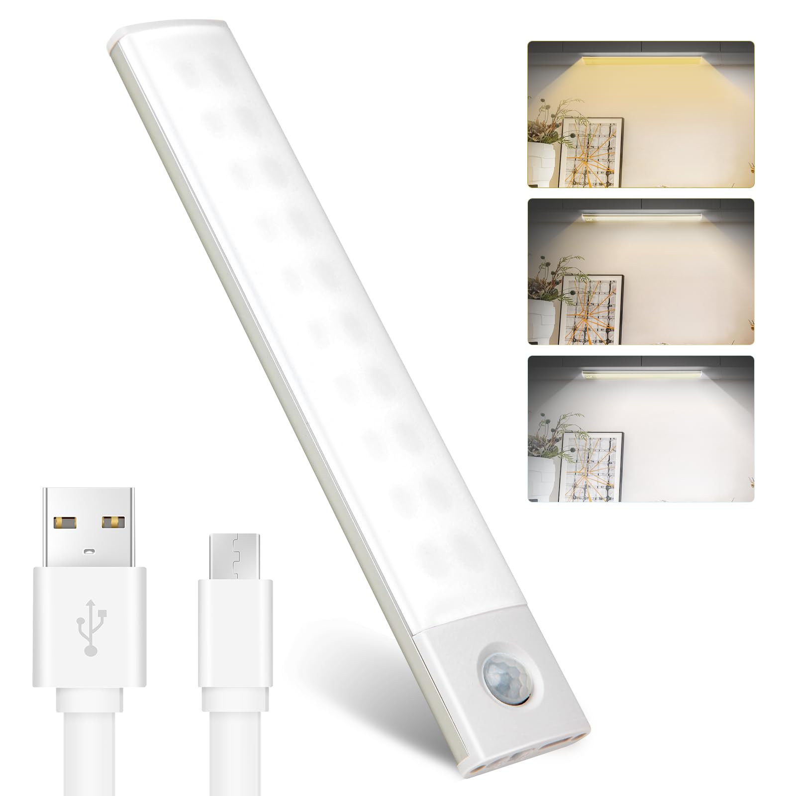 Under Cabinet Lights,20 Led Type-C Rechargeable Under Cabinet Lighting,3 Color Temps Dimmable Closet Lights ,Wireless Led Cabinet Lights are Suitable for Kitchen,Drawer,Wardrobe,Stair (7.8inch)