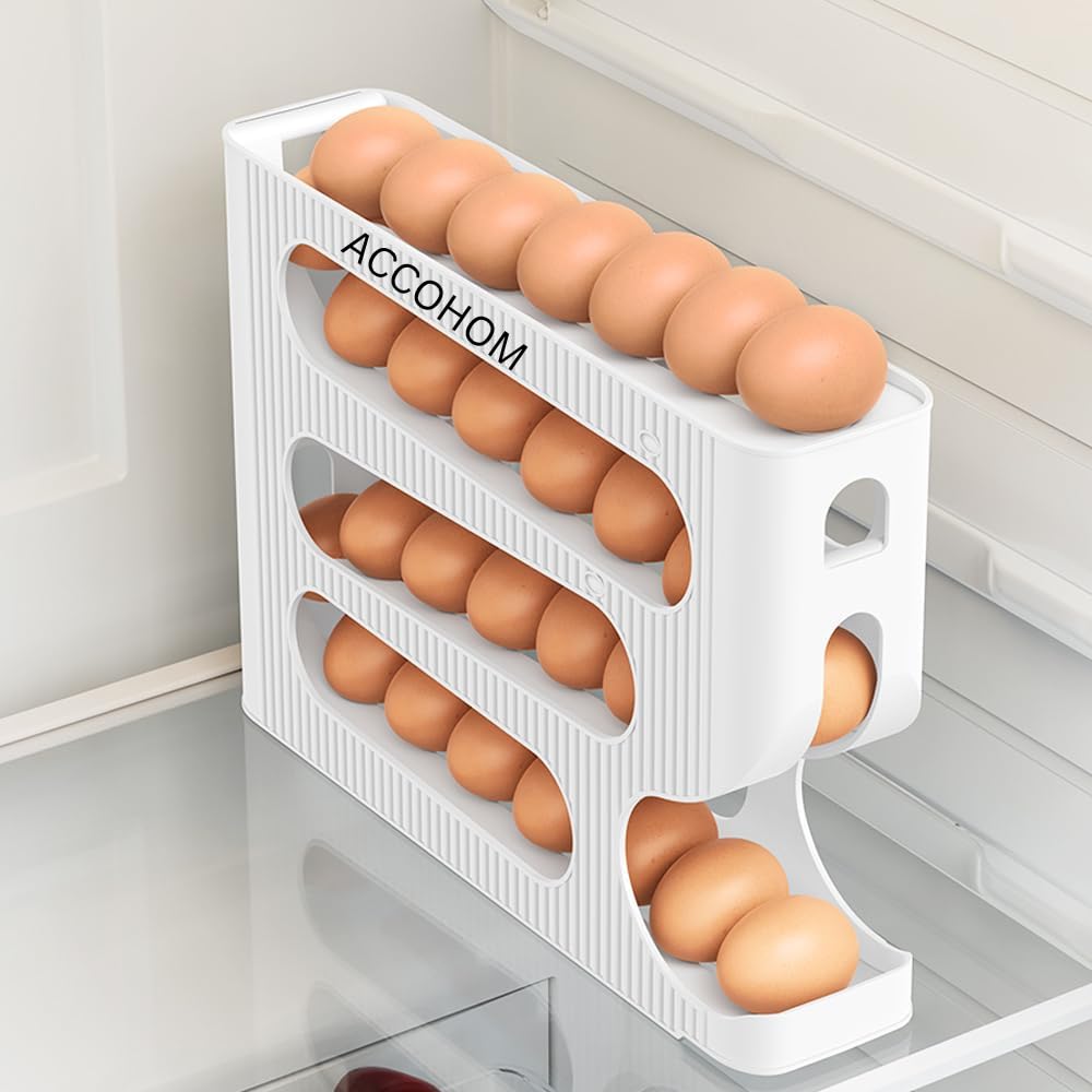 4 Tier Automatic Egg Dispenser for Refrigerator, Roll Down Egg Holder, 30 Eggs Storage Capacity, Space Saving Kitchen Fridge Organizer (White)-image-46