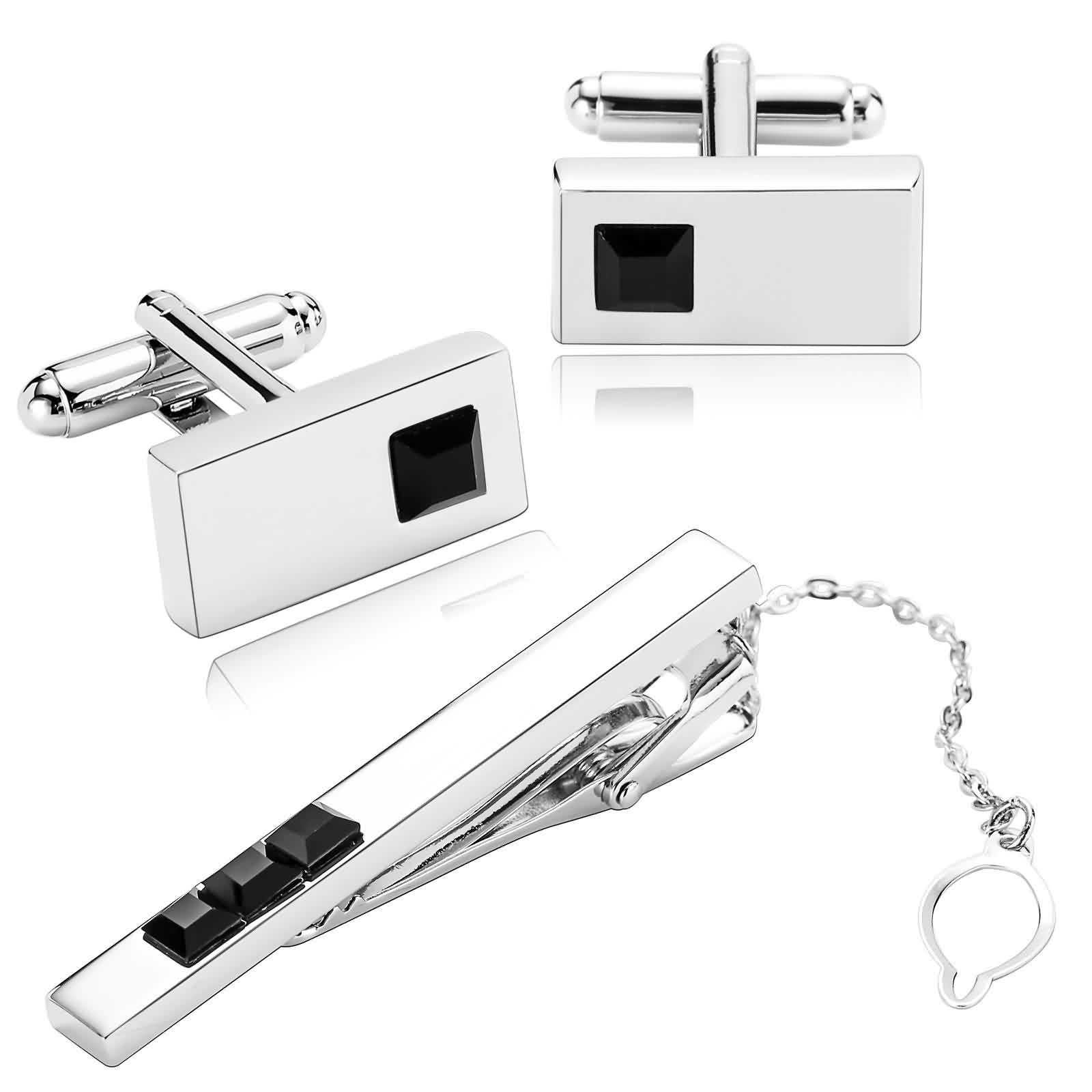Gemelos de acero inoxidable de regalo para hombre diseño rectangular negro con circonitas 4