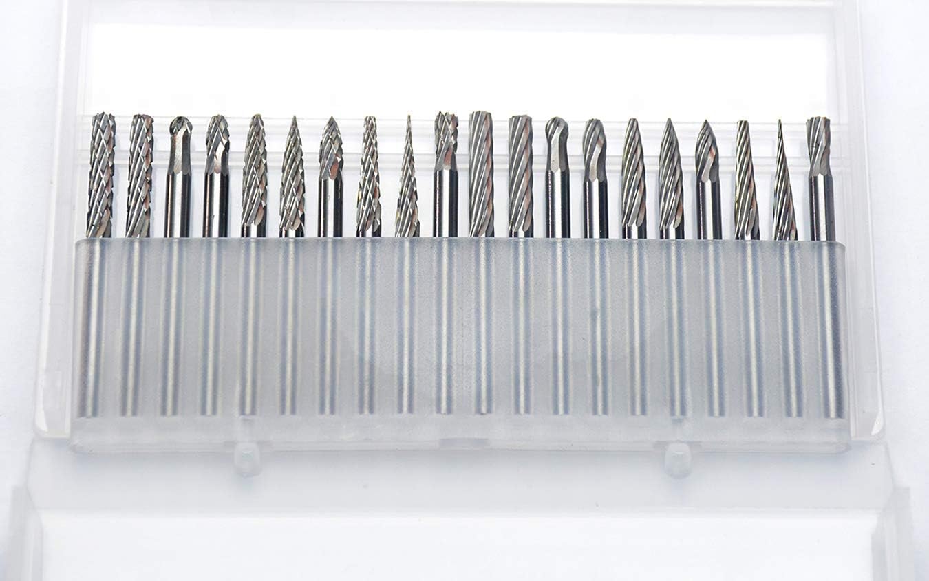 KOTVTM Carbide Burr Set, 20pcs 1/8" (3mm) Shank, Single Double Rotary Burrs Bits Die Grinder Bits for Most Rotary Die Grinder Woodworking, Engraving, Drilling, Carving