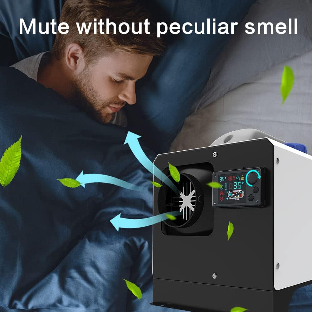 FDIK 12V 5KW All-in-One Diesel Heater operating quietly next to a sleeping person