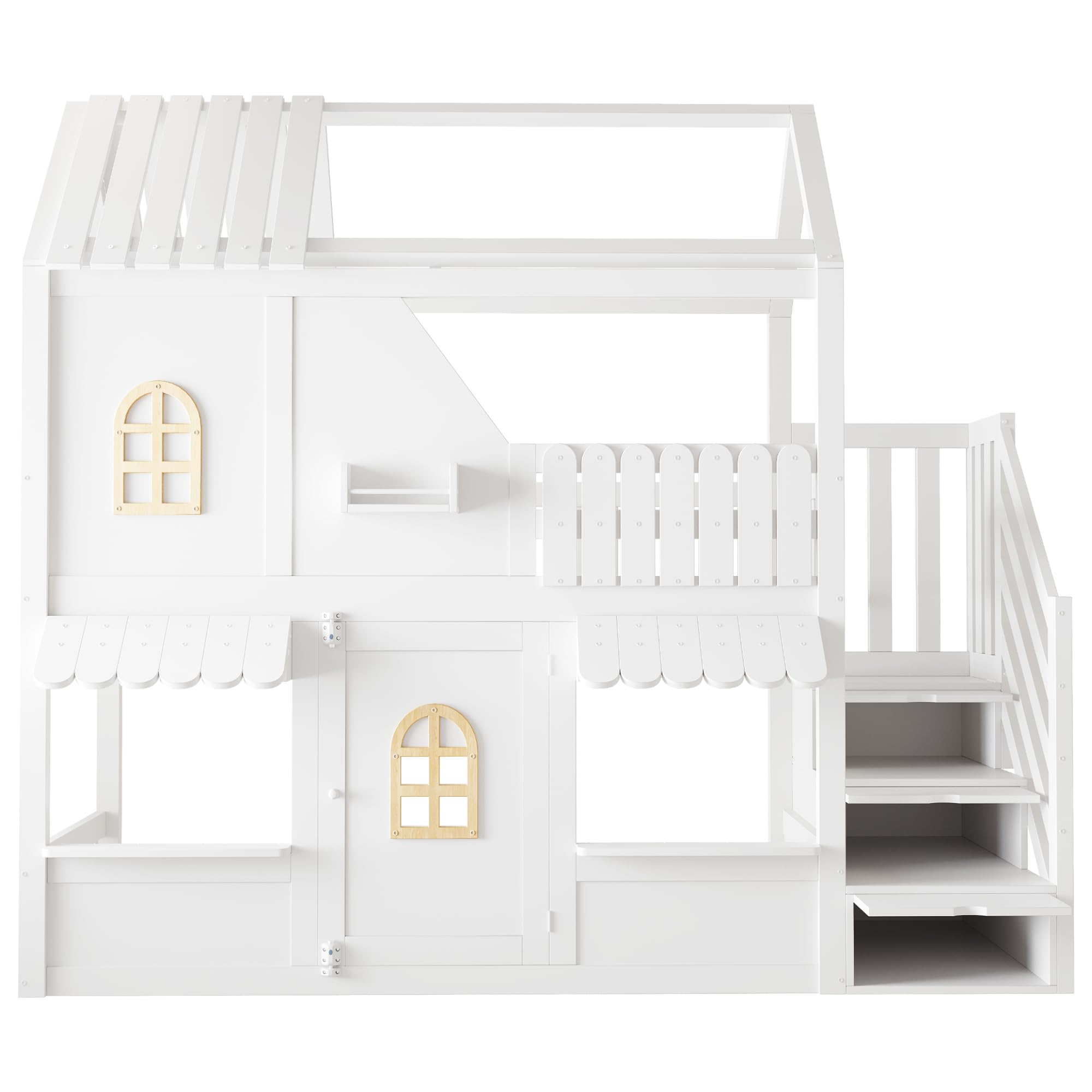 Litera infantil de 90 x 200 cm, color blanco, diseño en forma de casa con ventanas, techo, barandilla y puerta, escalera de almacenamiento y estantes, sin colchón