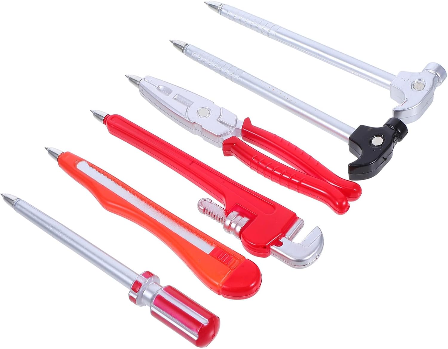 6pcs Novelty Tool-shaped Ballpoint Pen Set with Red Handles Including Wrench, Screwdriver, Pliers, Hammer, Silver Hammer – Creative Office Supplies for Students and School Use