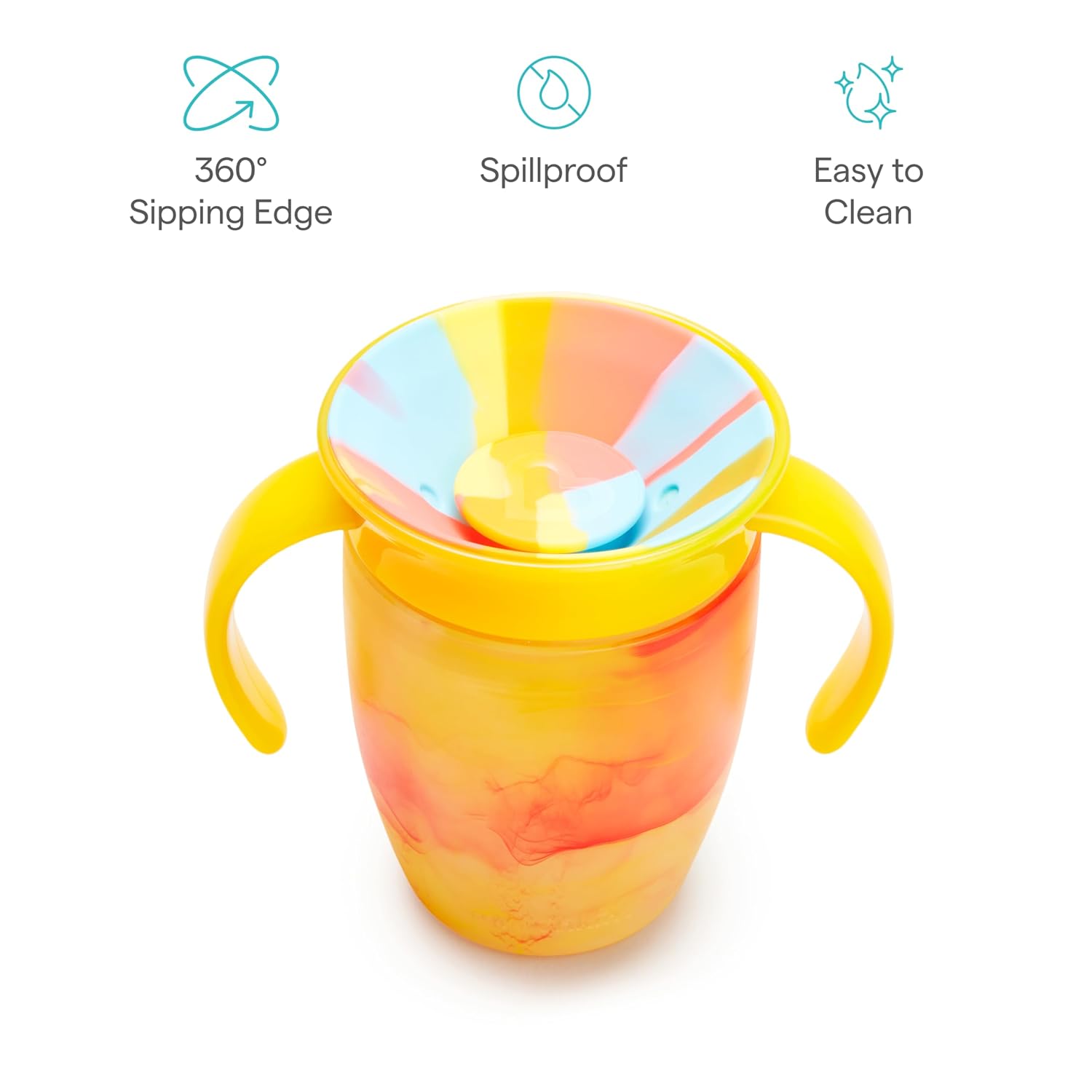 Munchkin Miracle 360 Sippy Cup for 6 Month Old, Spill Proof Baby and Toddler Cups with Transition Handles, 7 Ounce, Tropical Swirl, Yellow/Multi