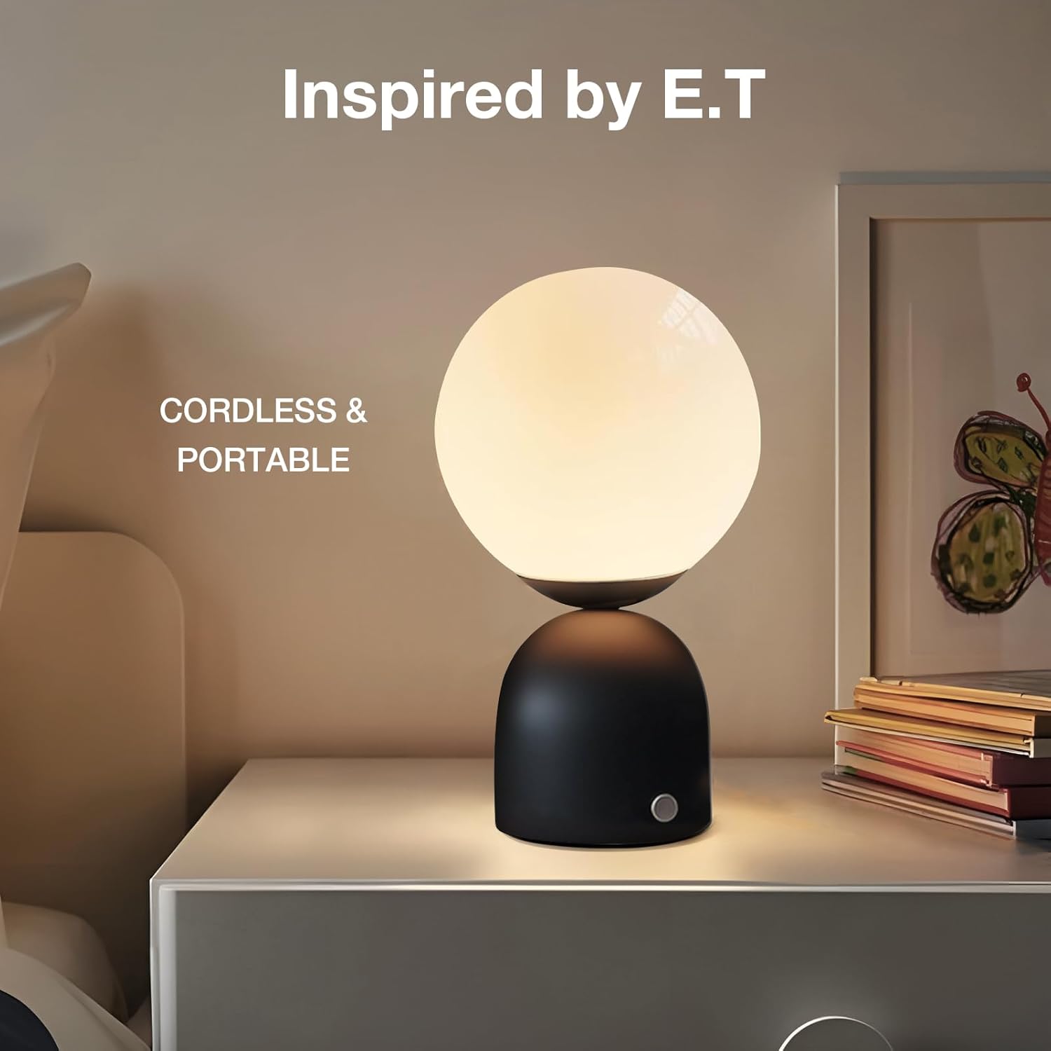 Cordless Globe Glass Table lamp Black, 5200-mAh Rechargeable Orb Lamp, 3-Level Brightness Dimmable, Integrated LED 320 Lumen Max, for Bedside Nightstand Light