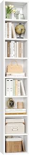FOTOSOK 8-Tier White Bookshelf Media Tower Rack - Slim CD DVD Storage Cabinet with Adjustable Shelves, 11.6x9.3x70.9in Narrow Bookcase for Home Office