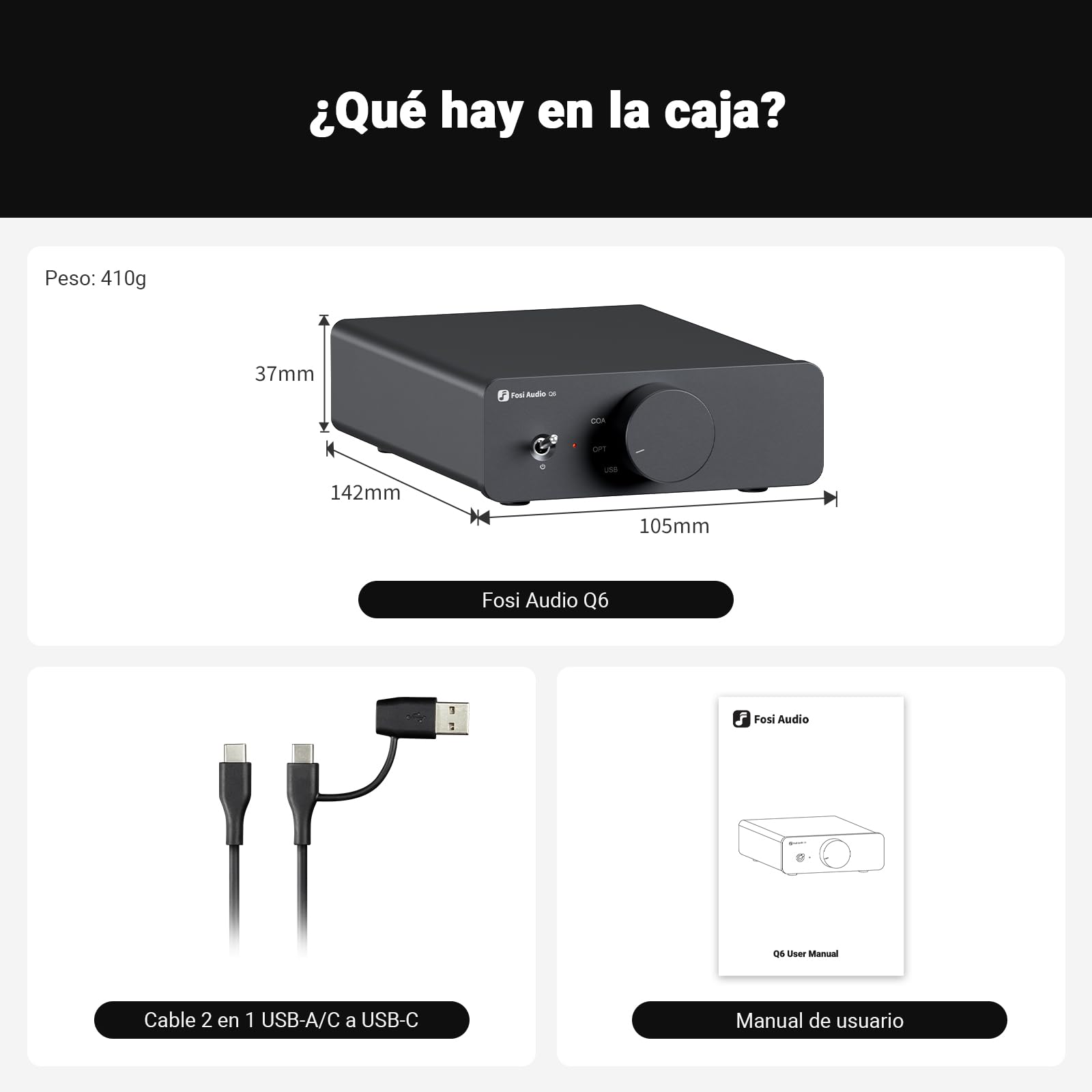 Fosi Audio Q6 Mini DAC de escritorio, convertidor de audio digital a analógico USB C para amplificador estéreo doméstico y amplificador de auriculares, entrada OPT/COA, salida/subsalida RCA