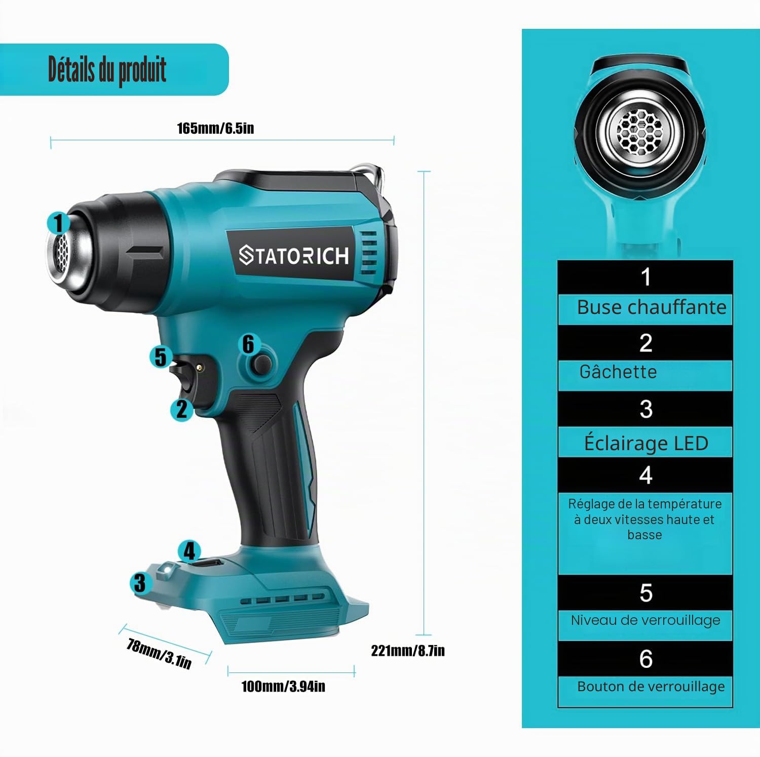 Pistolet à air chaud avec batterie pour Makita 18 V, pistolet à chaleur manuel avec lumières LCD numériques, 50 °C - 550 °C et contrôle de l'air pour bricolage, travaux manuels, extraction (sans