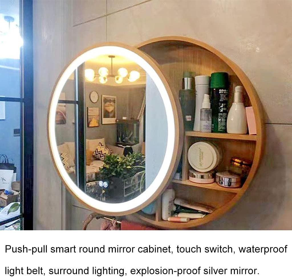 Bathroom Mirror Cabinets Smart Push-Pull Round Mirror Cabinet LED Illuminated Bathroom Wall Mirror Bathroom Mirror Storage Cabinet (Color : White) (Wo