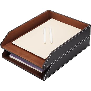 Stackable Storage Compartments, Leather Letter Tray, A4, Stackable, Set of 2 Document Tray for Office, Home & School, Brown
