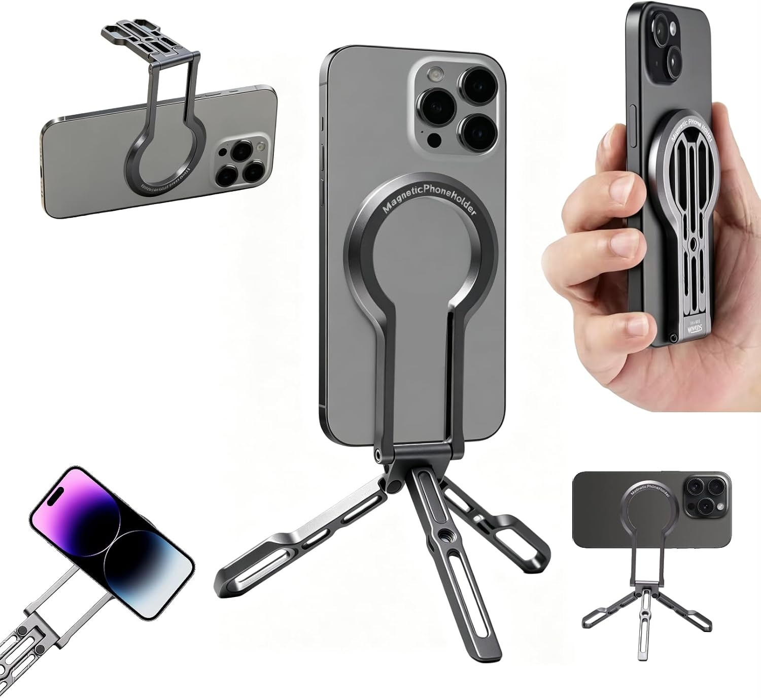 Magnetic Phone Tripod Stand, Aluminium Alloy Strong Magnet Quick Mount Foldable Mini Tripod for iPhone 17/16/15/14/13/12 Series, Ultra-Light Portable Pocket Cell Phone Stand