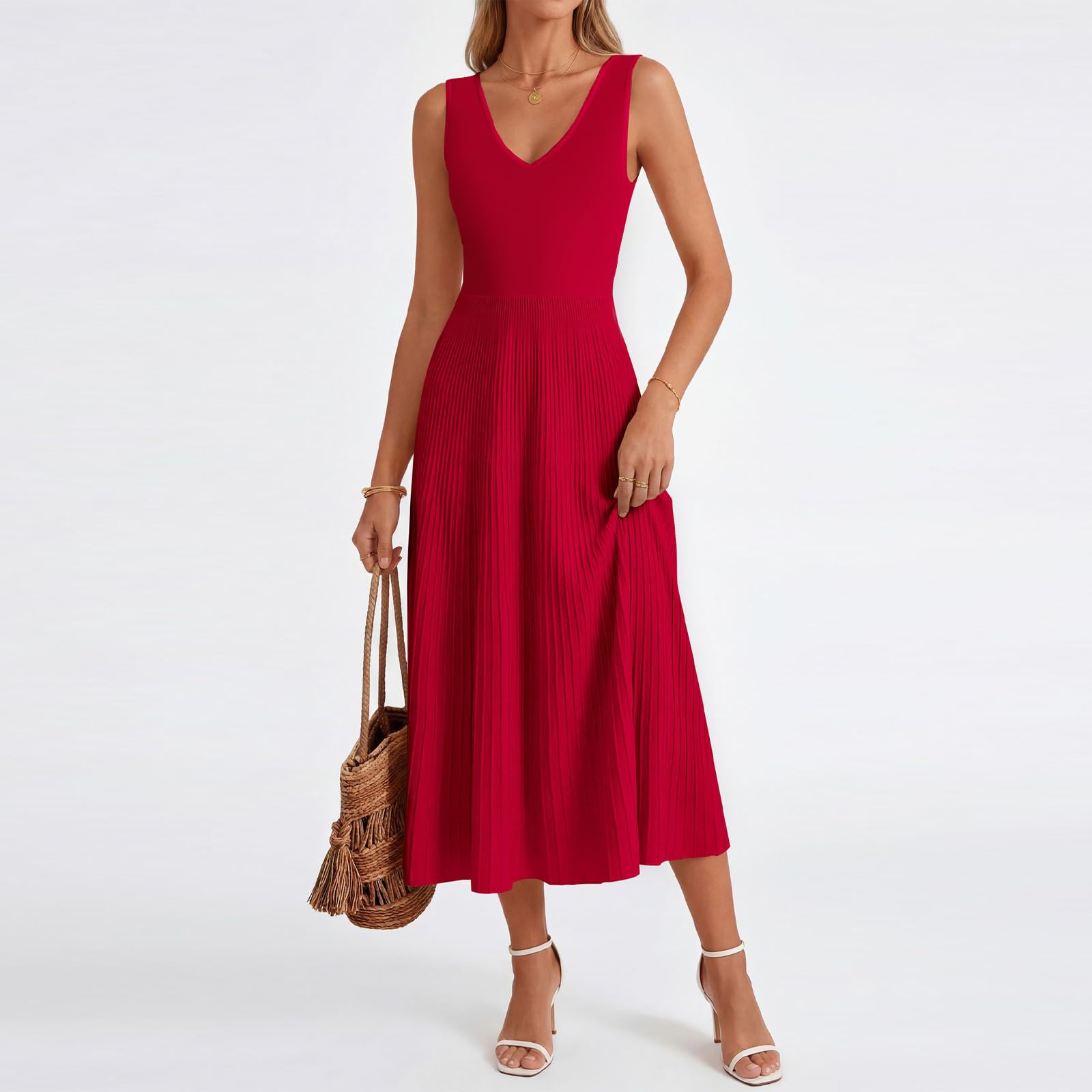 Vestito Donna Elegante Abito da Sera Senza Maniche con Scollo a V Abiti Lungo Plissettato Linea A Swing Abito da Cocktail per Festa Party