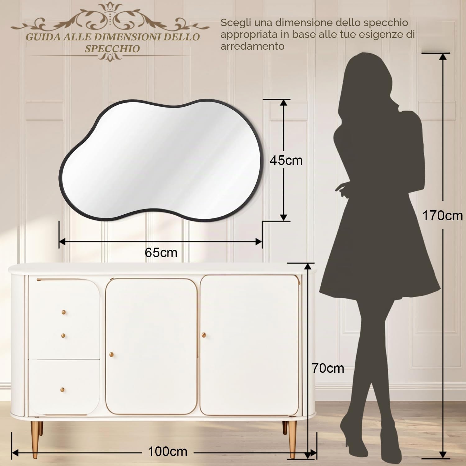 Specchio Asimmetrico da Parete Nero in Metallo con Cornice per Bagno Specchio Decorativo Irregulare, 40X65 CM Specchi Asimmetrici, Specchio per Toeletta in Stile Fattoria, Antiruggine, Vetro