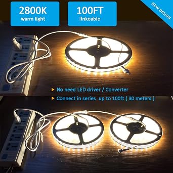 120V Dimmable LED Strip Light, Waterproof IP65, No Need Transformer, Warm White 2800K 110V LED Rope Light, 16.4ft LED Tape Light 115V Under-Cabinet Light Flexible, Dimming by Wall Dimmer Switch