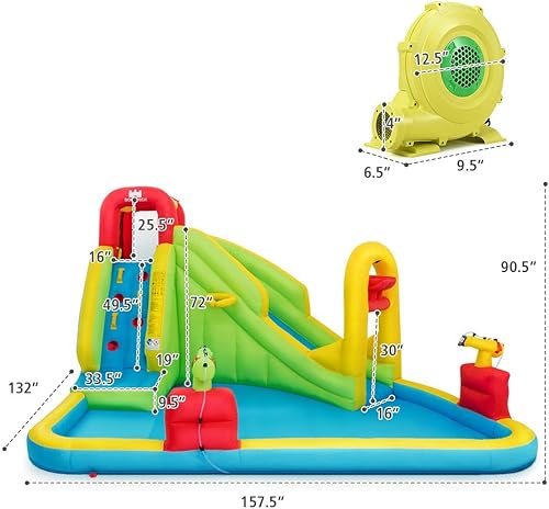 Miniatura 5 de HONEY JOY Tobogán acuático inflable, parque acuático inflable 7 en 1 para patio trasero de niños, piscina de chapoteo, pared de escalada, toboganes