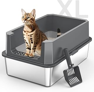 MIXJOY XL Stainless Steel Cat Litter Box with Lid - Anti-Leak, High Sides, Easy Clean for Big Cats, Non-Stick Scoop Included