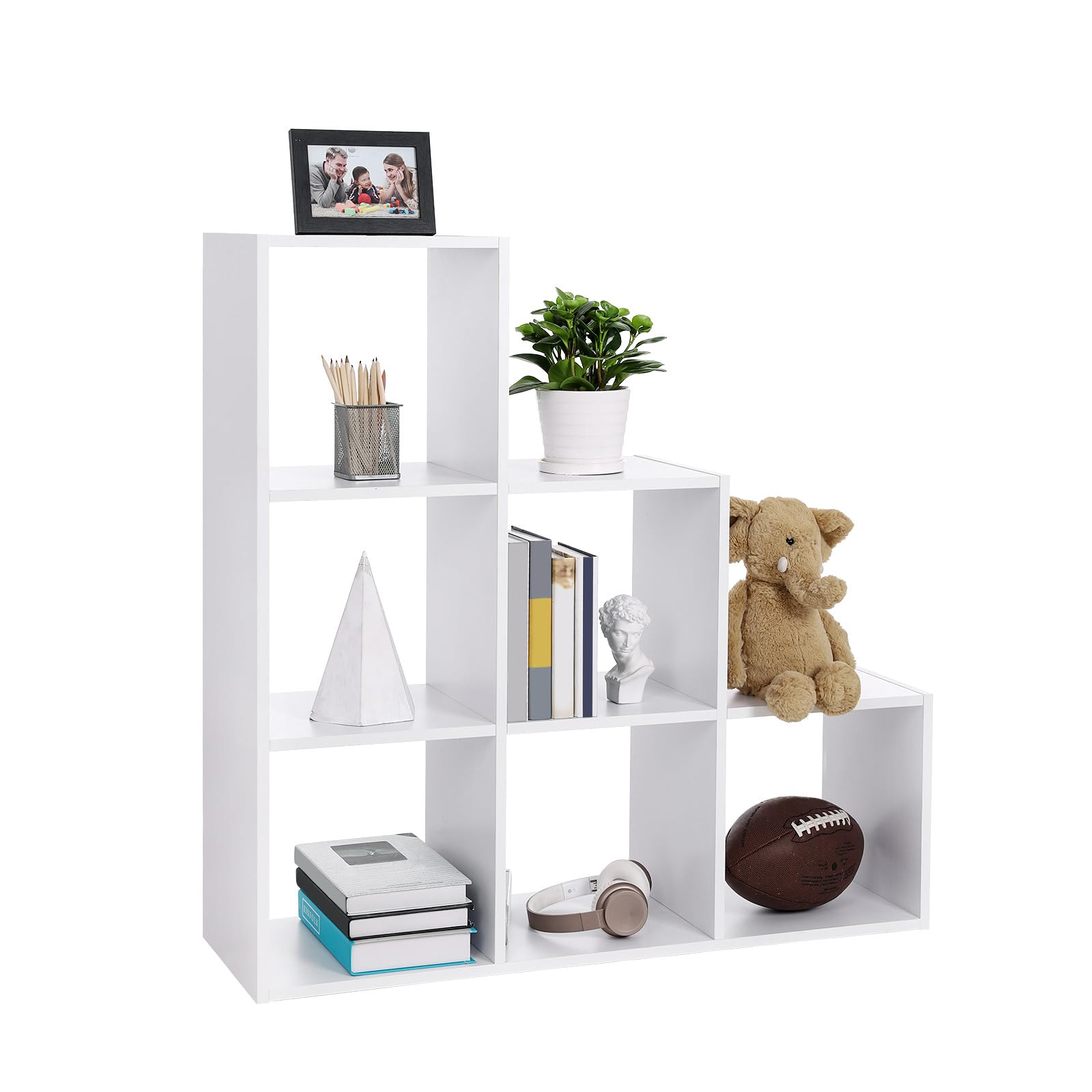 VASAGLE Stair Shelf, Bookcase, Step Shelf, Standing Shelf, with 6 Cubes, Ladder Shelf, Room Divider, Cube Shelf, Freestanding for Office, Living Room, Bedroom, White LBC63WT