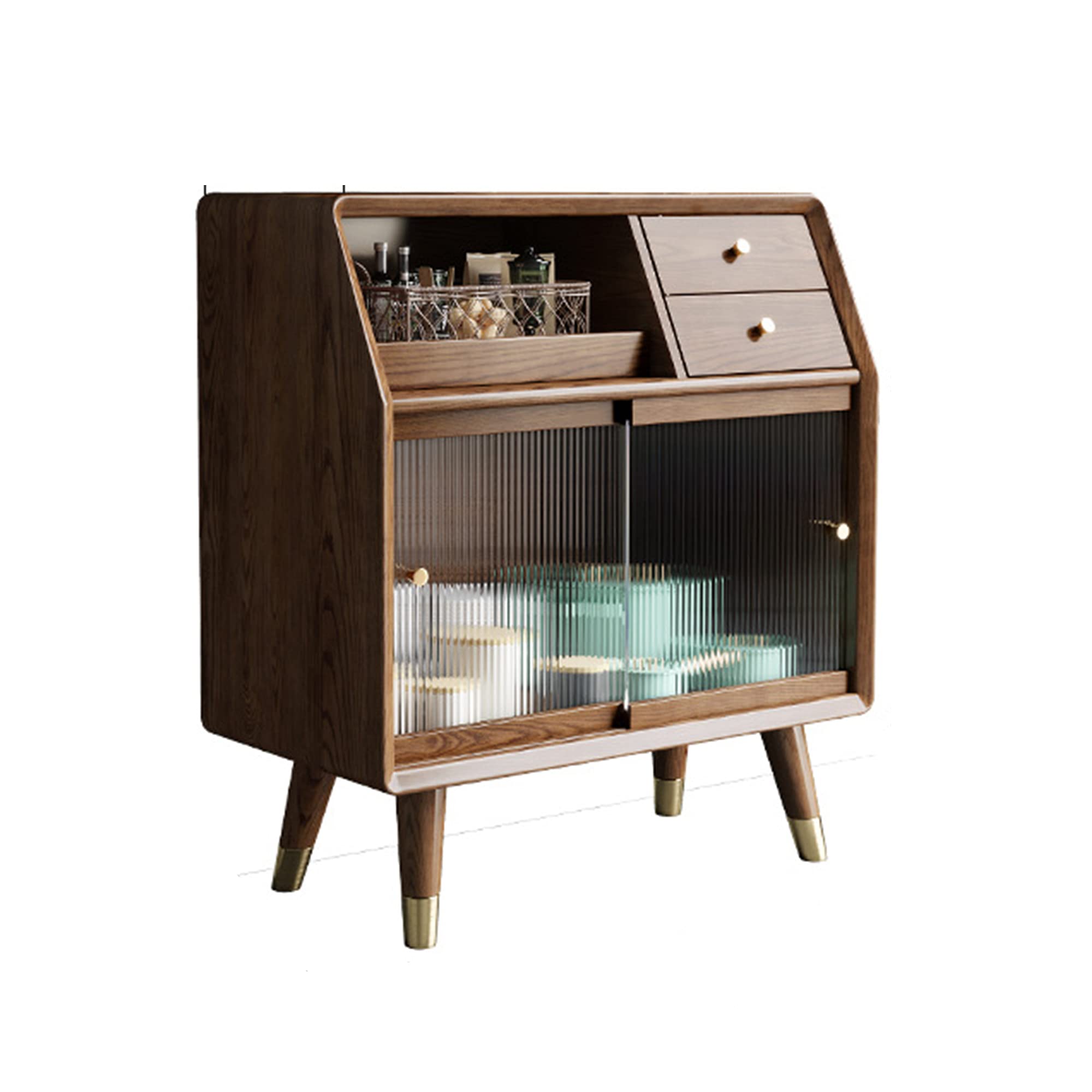 Ash Wood Storage Sideboard, Multipurpose Storage Cabinet, with 2 Drawers and 2 Glass Cabinets for Hallway, Entryway, Living Room, Kitchen,B