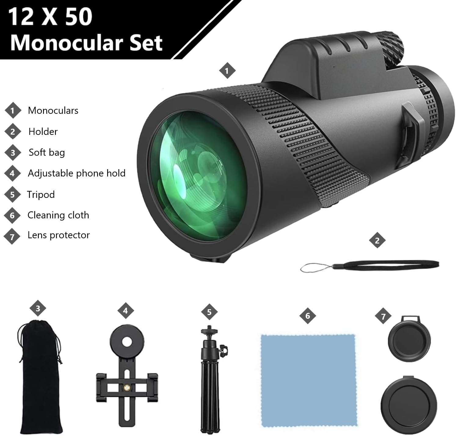 Telescopio Monocular, Monocular 12x50, Monoculo Telescopico, Prisma BAK4 de Alta Potencia y monoculares FMC para Senderismo Observación de Aves Caza Camping