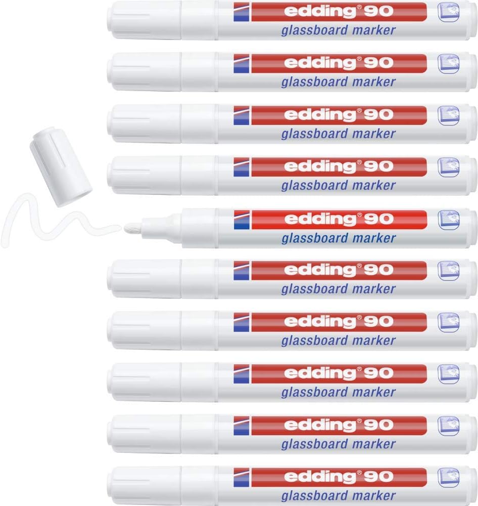 Edding90 Glassboard Marker - White - 10 Glass Pens - Round nib 2-3 mm - washable window Marker Pens - for Writing and marking on Glass surfaces such as windows and Glassboards - Dry-wipeable