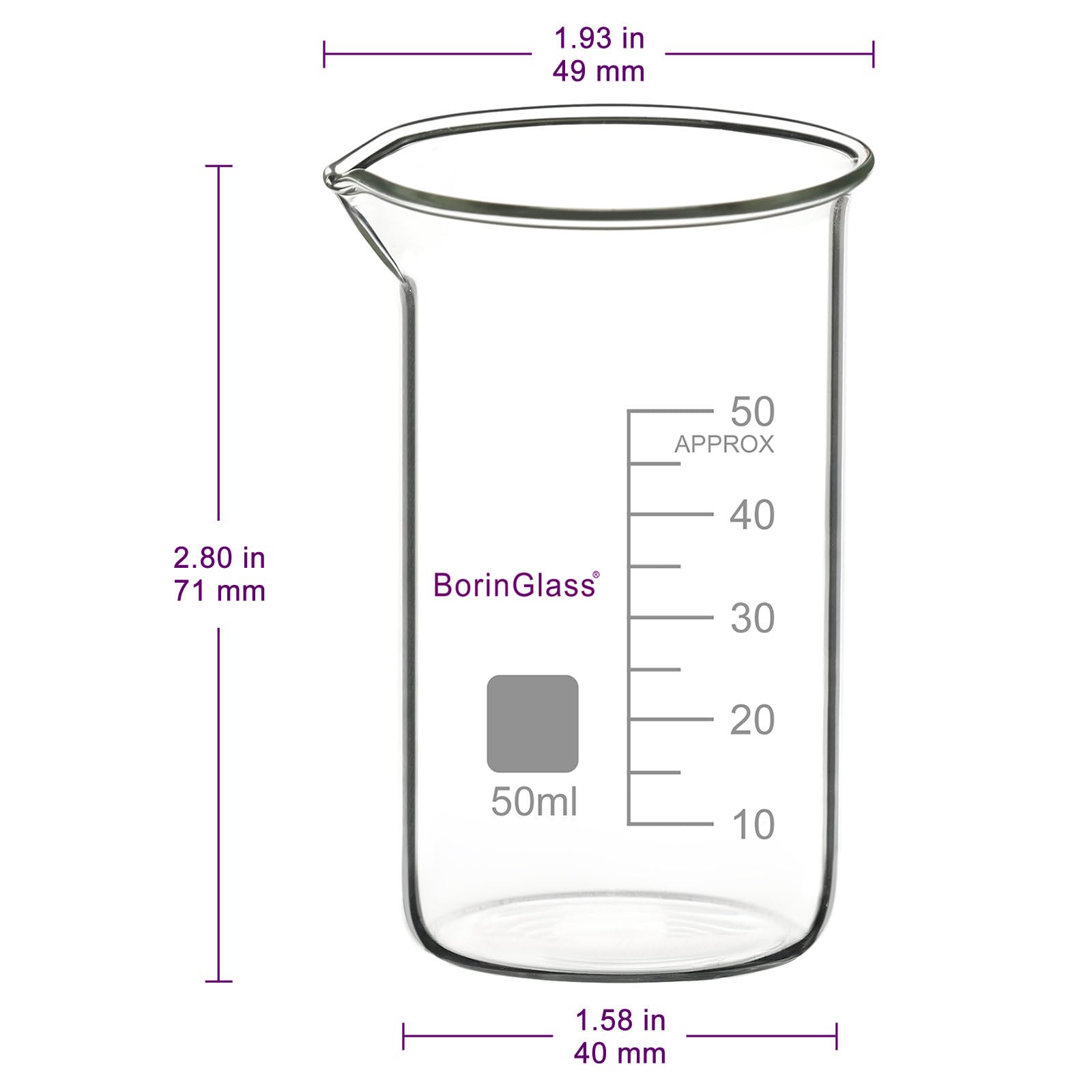 BorinGlass High Borosilicate Glass Beaker with Pouring Spout, 1-Pack 50 ml Graduated Tall Lab Beaker — Amazon image 2