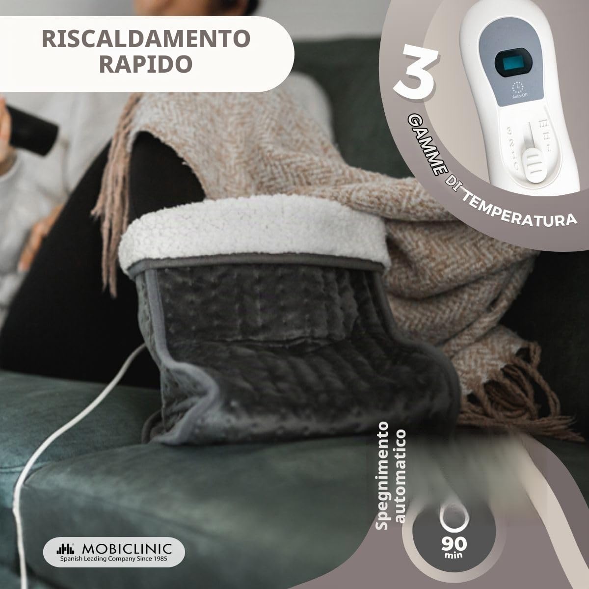 Mobiclinic, Scaldapiedi elettrico, Lana e pile, Marchio europeo, Consumo molto basso, Spegnimento automatico, Fodera interna facilmente lavabile, 3 livelli di temperatura, 30 x 24 cm, Grigio