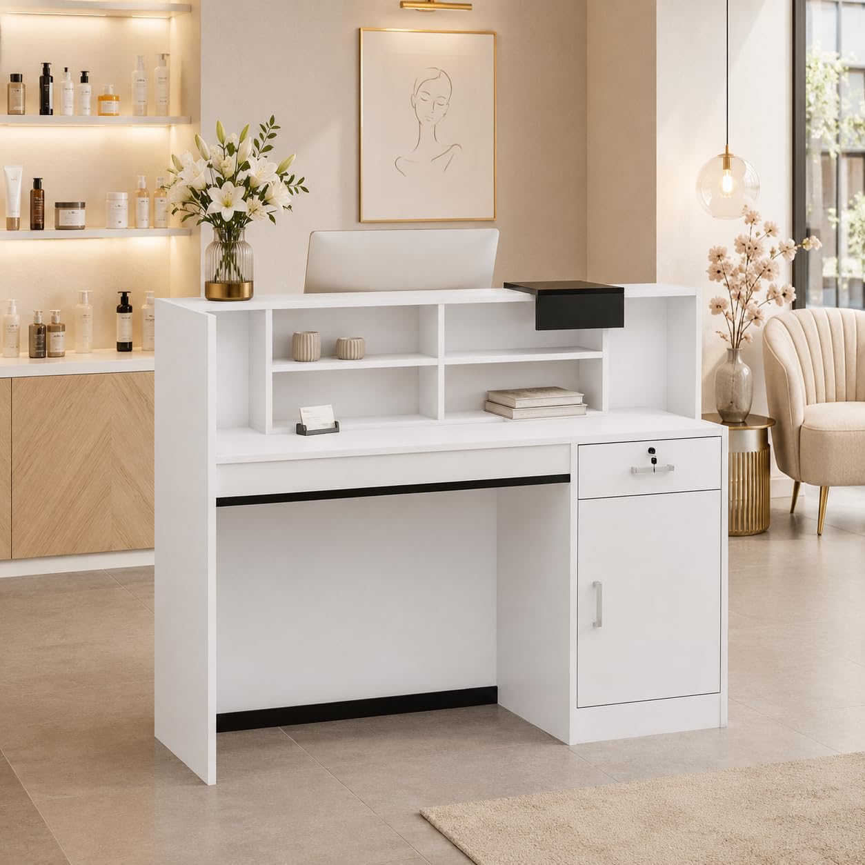 Mostradores de recepción, mostradores de recepción, mostrador de recepción con estante extraíble, mostrador de recepción, mostrador de recepción con placas decorativas negras, muebles de