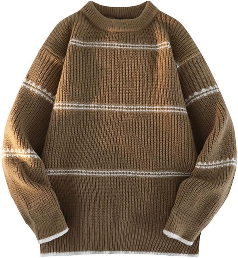 JSEIAJB Trendy Thick Knit Coat Striped Sweater Men's Autumn and Winter Loose Crew Neck Clothes Men's