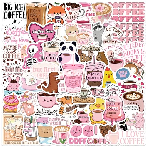 Funny Love Coffee Waterproof Stickers for Water Bottles, Cups, 50PCS Cute Pink Coffee Time Aesthetic Stickers for Laptop Scrapbook Journal, Coffee Lovers Accessories, Café Party Supplies (B)