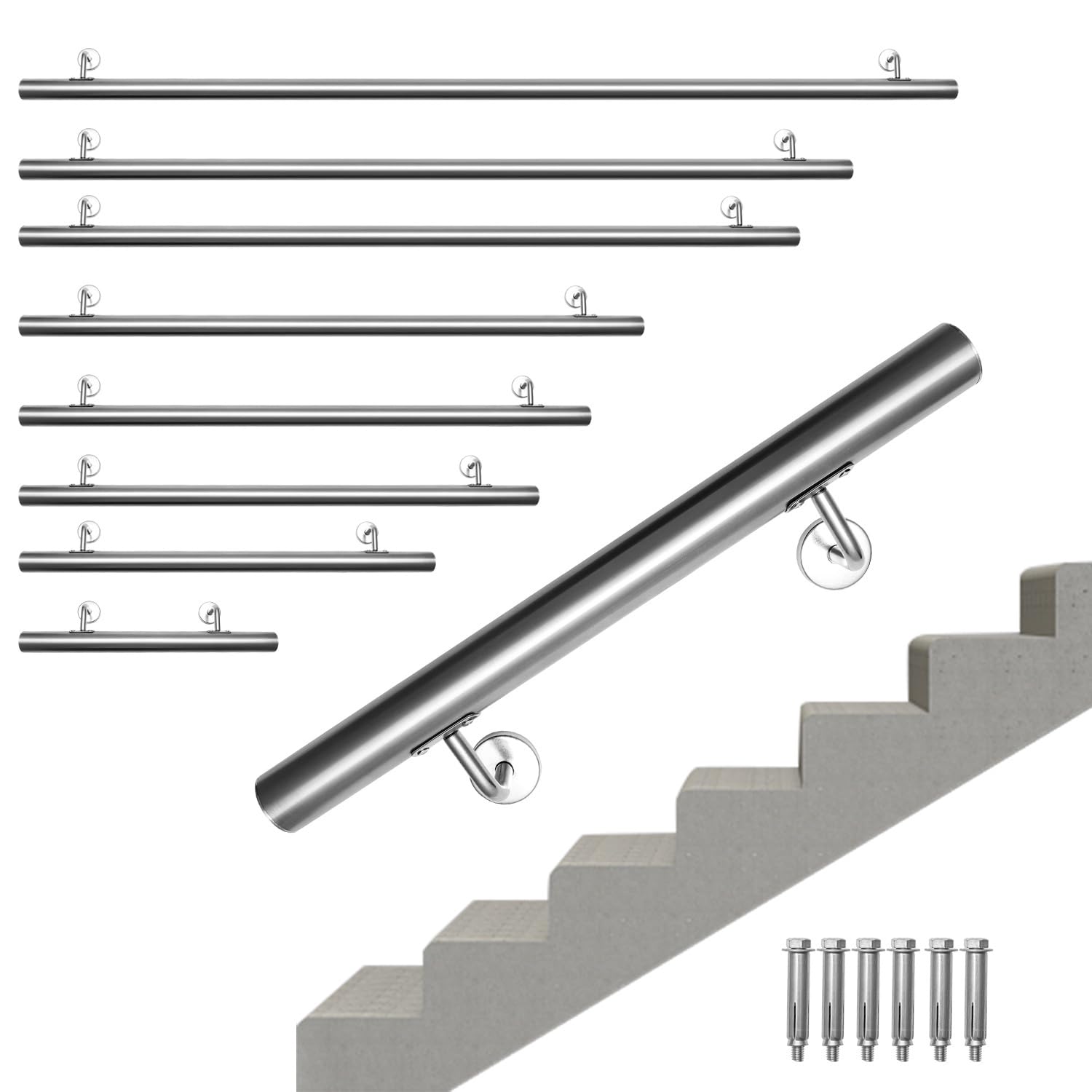 Pasamanos de acero inoxidable, pasamanos de 100 cm de largo, diámetro de 42 mm, para escaleras interiores y exteriores, incluye soporte de pared y tapas finales