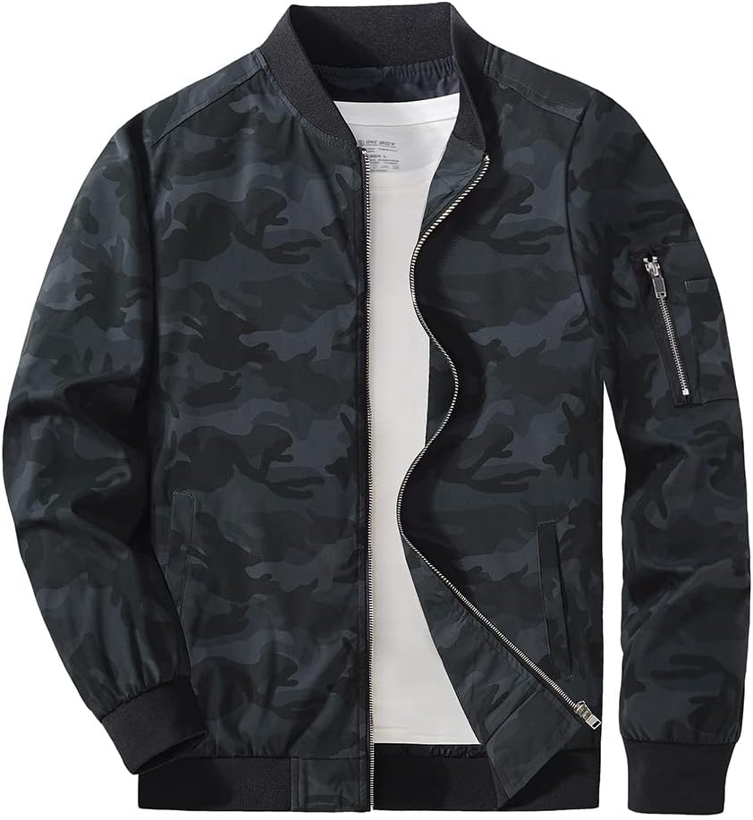 CRYSULLY Men's Bomber Jacket Lightweight Spring Fall Casual Windbreaker Full Zip Outwear Coat