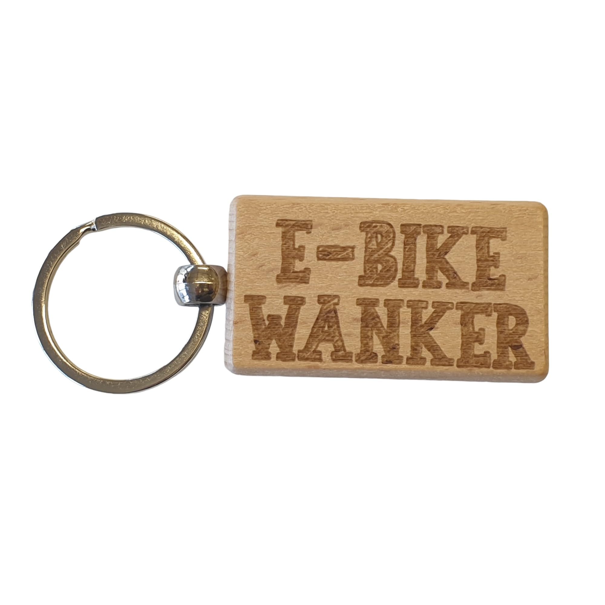 Decalarama Brown E-Bike Keyring Gift E-Bike Wanker Cute Engraved Wooden Bicycle Rider Key Fob Fun Novelty Nice Custom Present