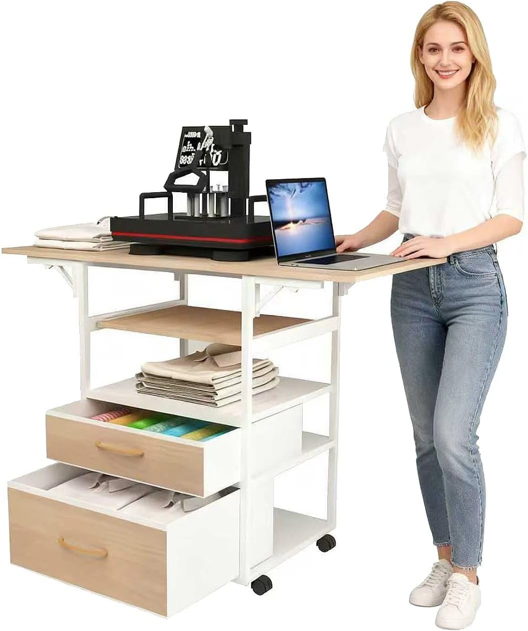 Movable Heat Press Table with Storage Drawers - Locking Wheels, Foldable Heat Press Stand with Pull-Out Tray for Home Business, Custom T-Shirt Design (White)