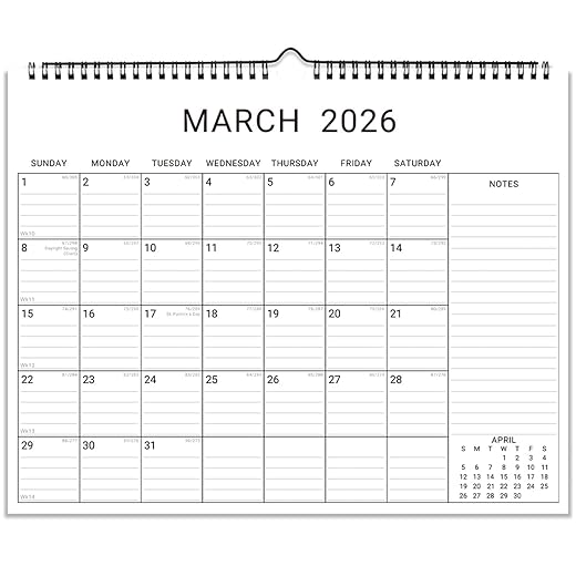 2026 Wall Calendar, 12 Month 14.8”x11.5” Year Monthly Organizer from January 2026-2027 Horizontal Blank Simple Spiral Bound Wire Hanging Calendar w/ Lines for Family, Home, Kitchen, Office White1