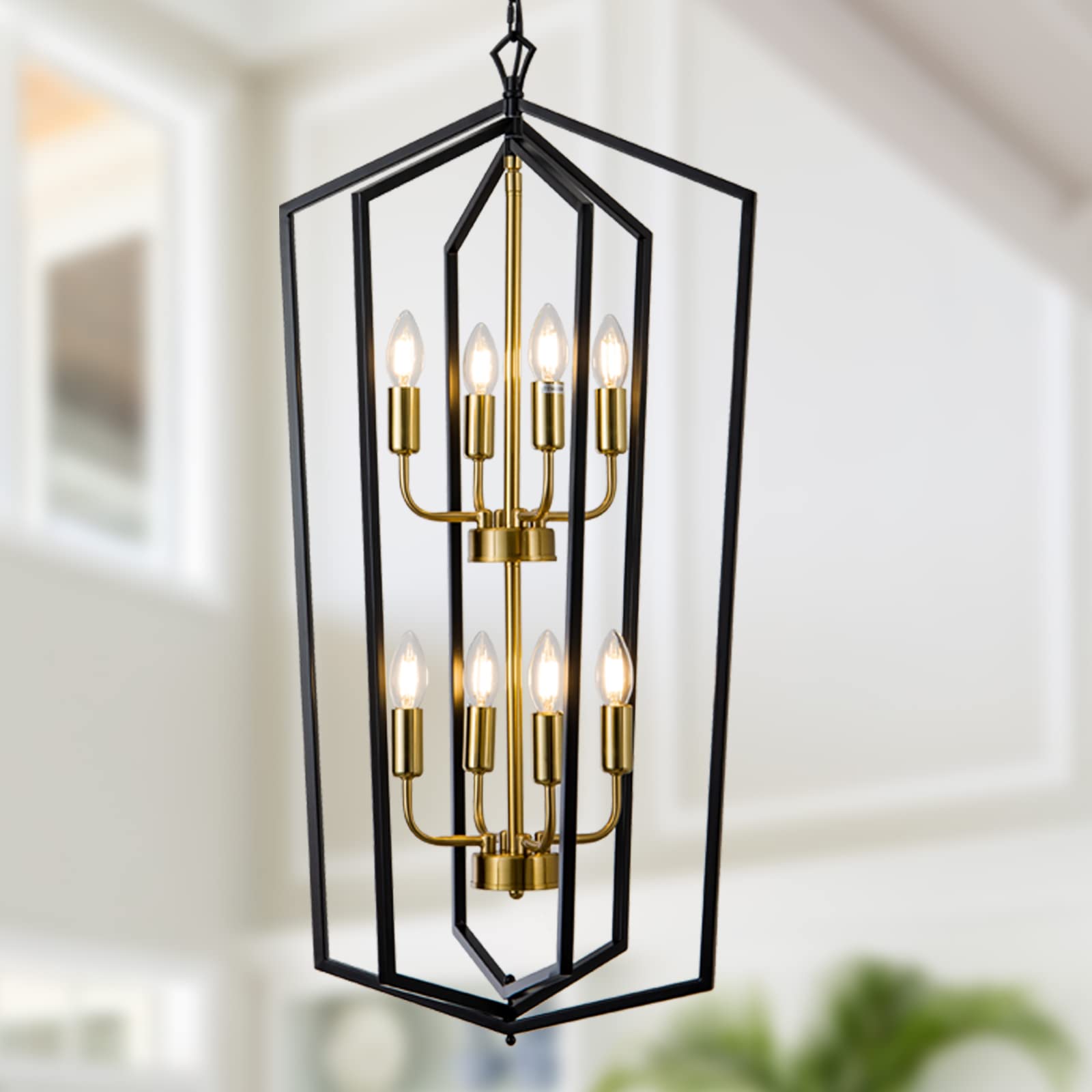 ((similar))4-Light Lantern Tired Farmhouse Ceiling Hanging Light Black Chandelier Metal Modern Pendant Light Fixtures for Kitchen Island Dining Room Living Room Foyer Entryway-Brushed Brass