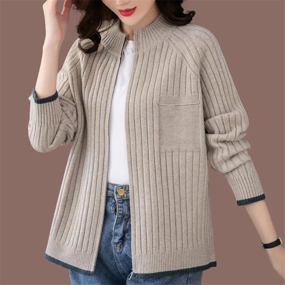 Women Zipper Knit Cardigan Jacket Solid Mock Neck Raglan Sleeve