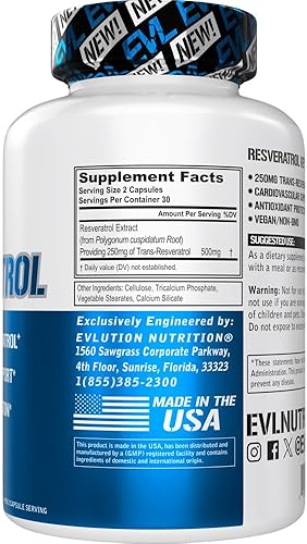 Miniatura 2 de Evlution Suplemento de resveratrol trans antienvejecimiento suplemento nutricional súper antioxidante con 250 mg de trans-resveratrol de resveratrol