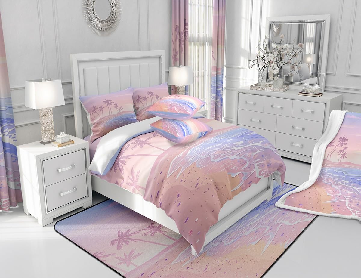 Pink Beach Comforter Set Full Size,Coconut Tree Bedding Set 10 thumbnail image