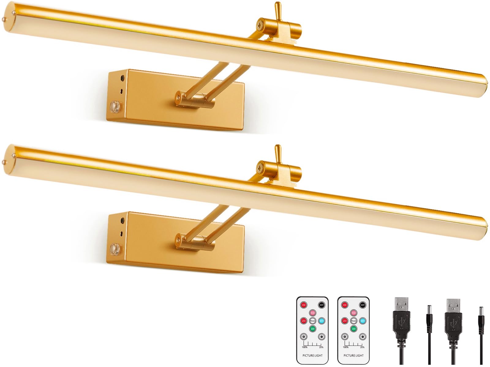 Mocalido 2 Pack Picture Light Battery Operated for Wall, 16in Wireless LED Art Light for Painting with Remote, 5200mAh Dimmable Frame Lights for Gallery Library, Brass